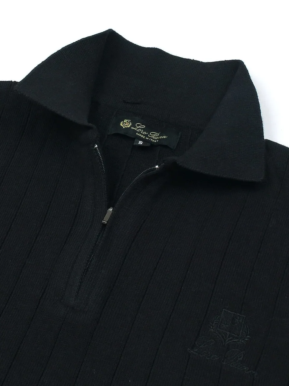 Loro Piana Ribbed Knit Zip Polo, Black (2)