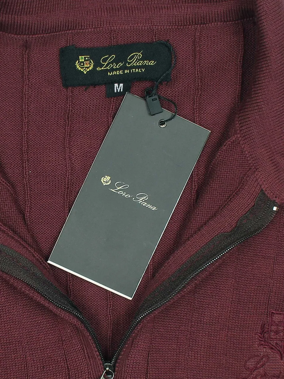 Loro Piana Ribbed Knit Zip Polo, Burgundy (2)