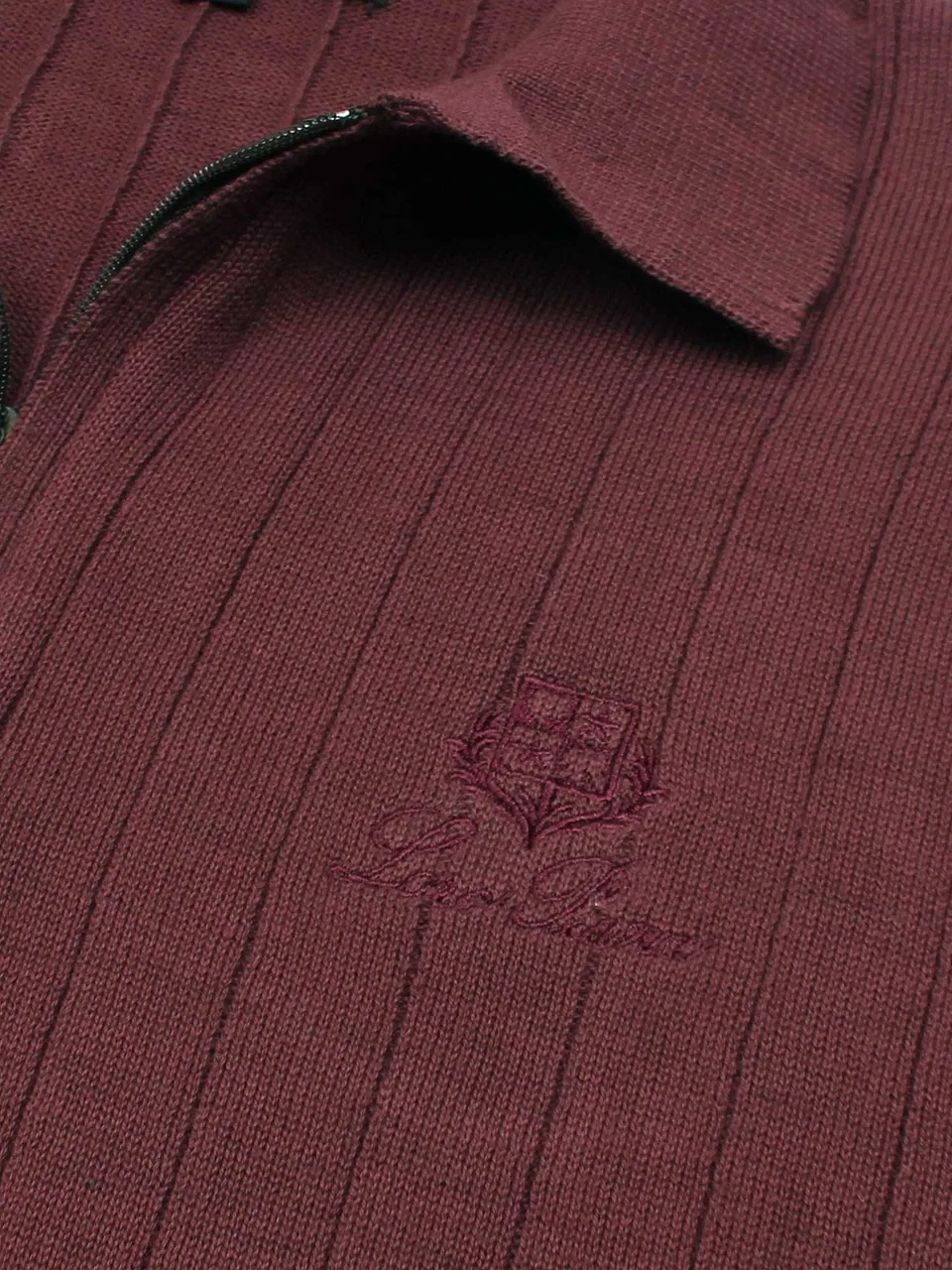 Loro Piana Ribbed Knit Zip Polo, Burgundy (3)