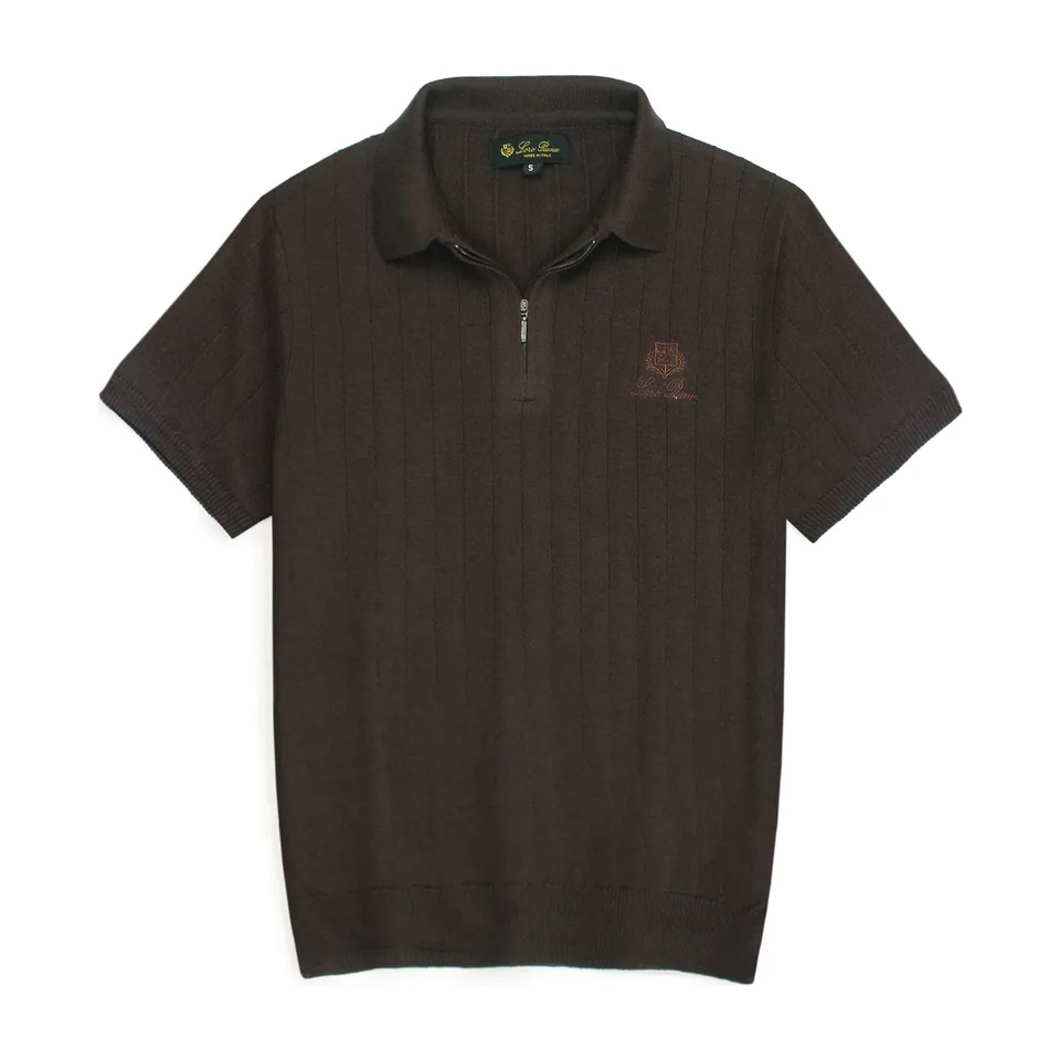 Loro Piana Ribbed Knit Zip Polo, Dark Brown