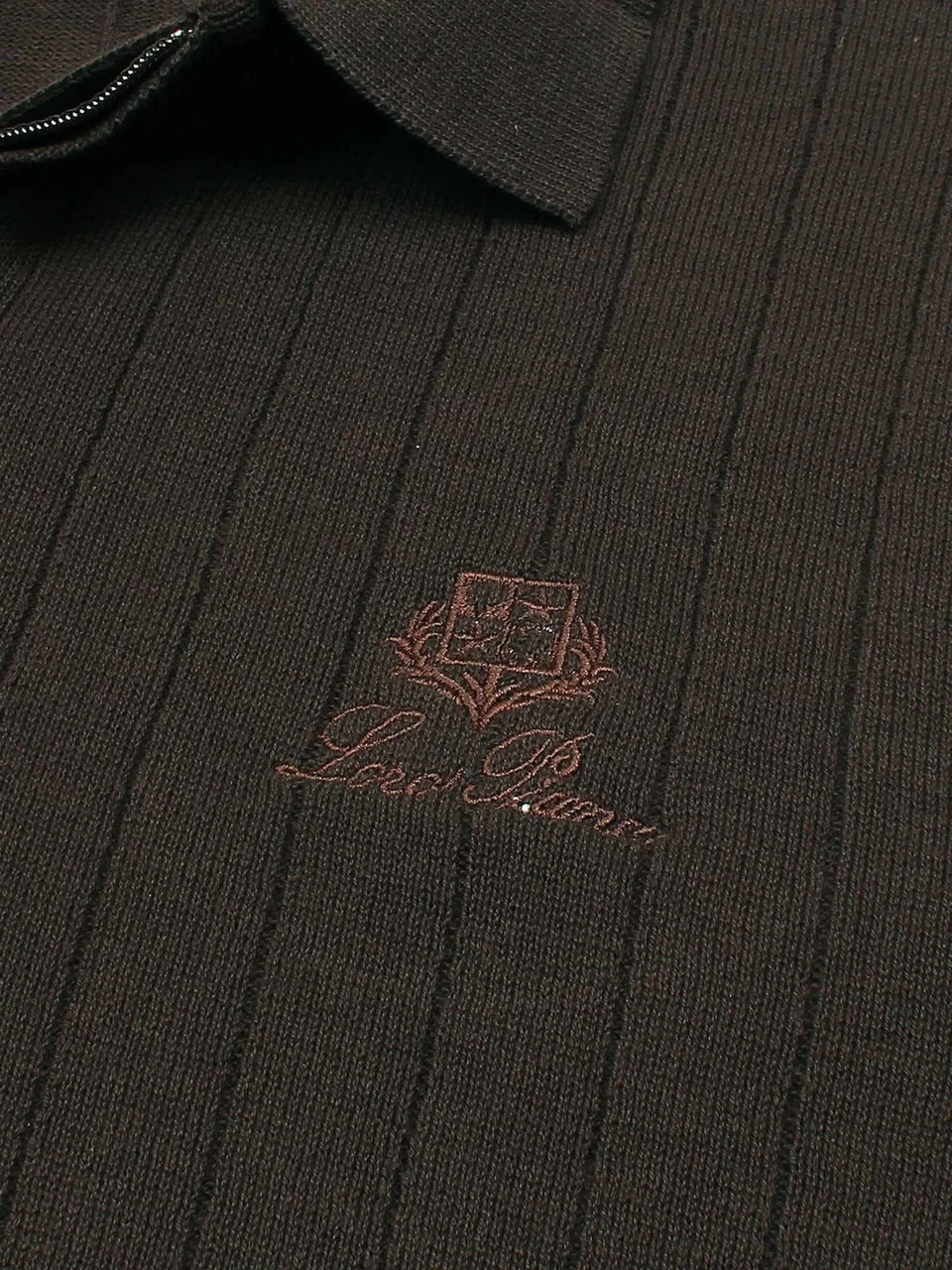 Loro Piana Ribbed Knit Zip Polo, Dark Brown (2)