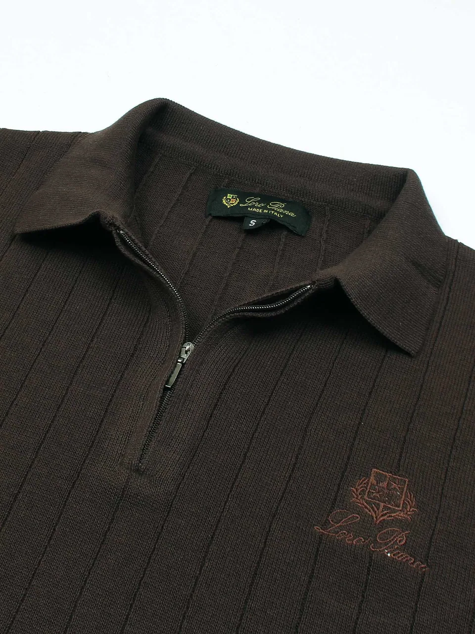 Loro Piana Ribbed Knit Zip Polo, Dark Brown (3)