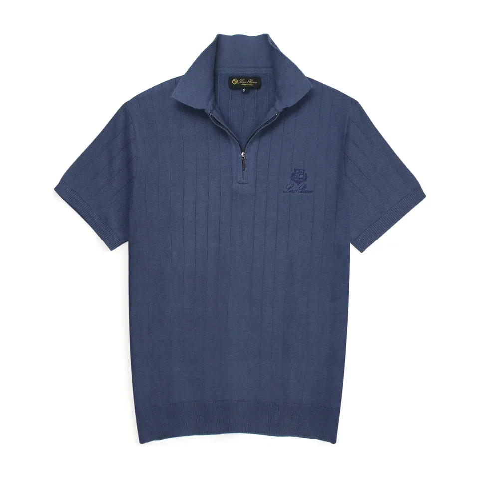 Loro Piana Ribbed Knit Zip Polo, Denim Blue