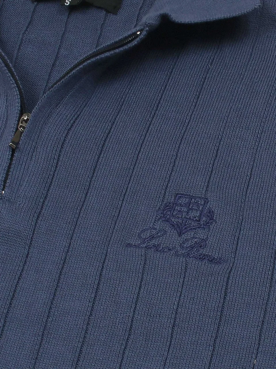 Loro Piana Ribbed Knit Zip Polo, Denim Blue (2)