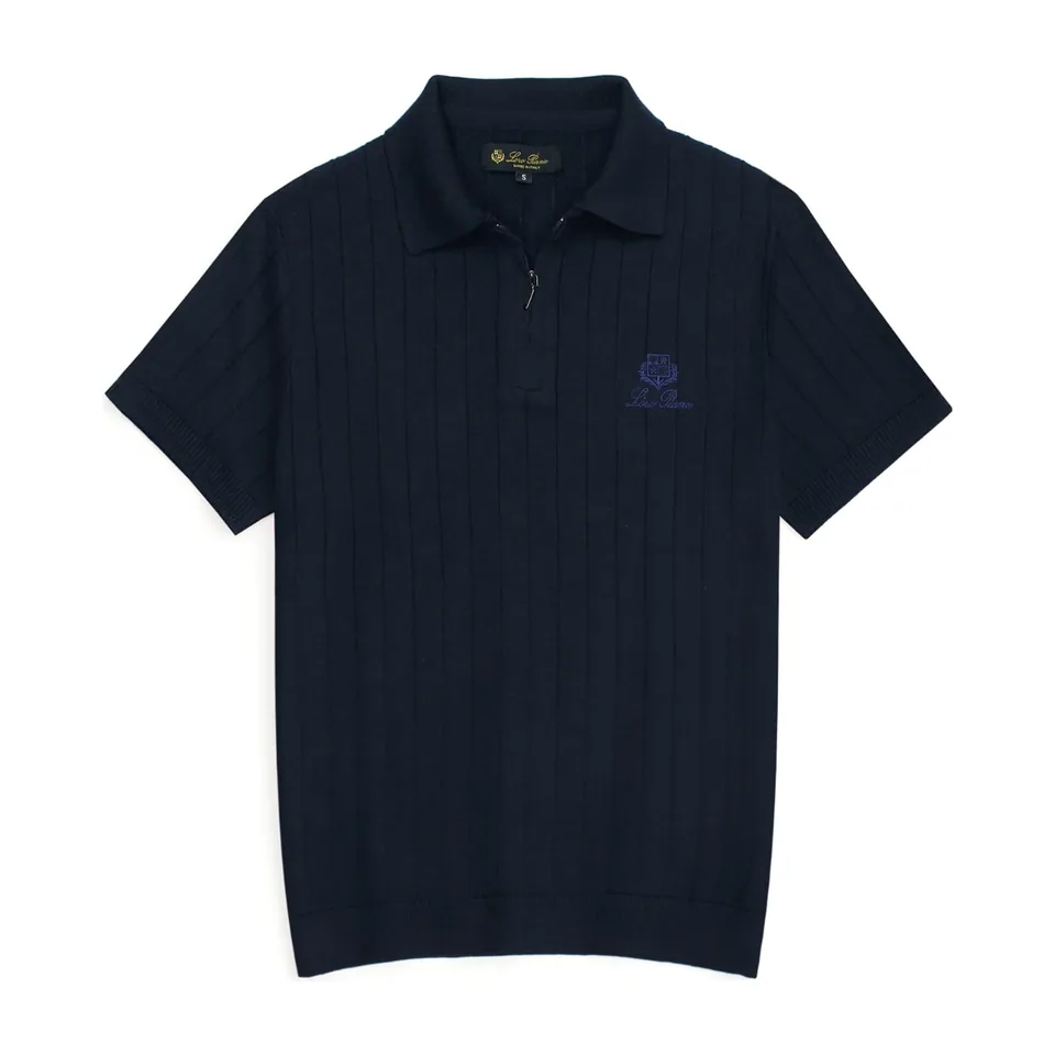 Loro Piana Ribbed Knit Zip Polo, Navy