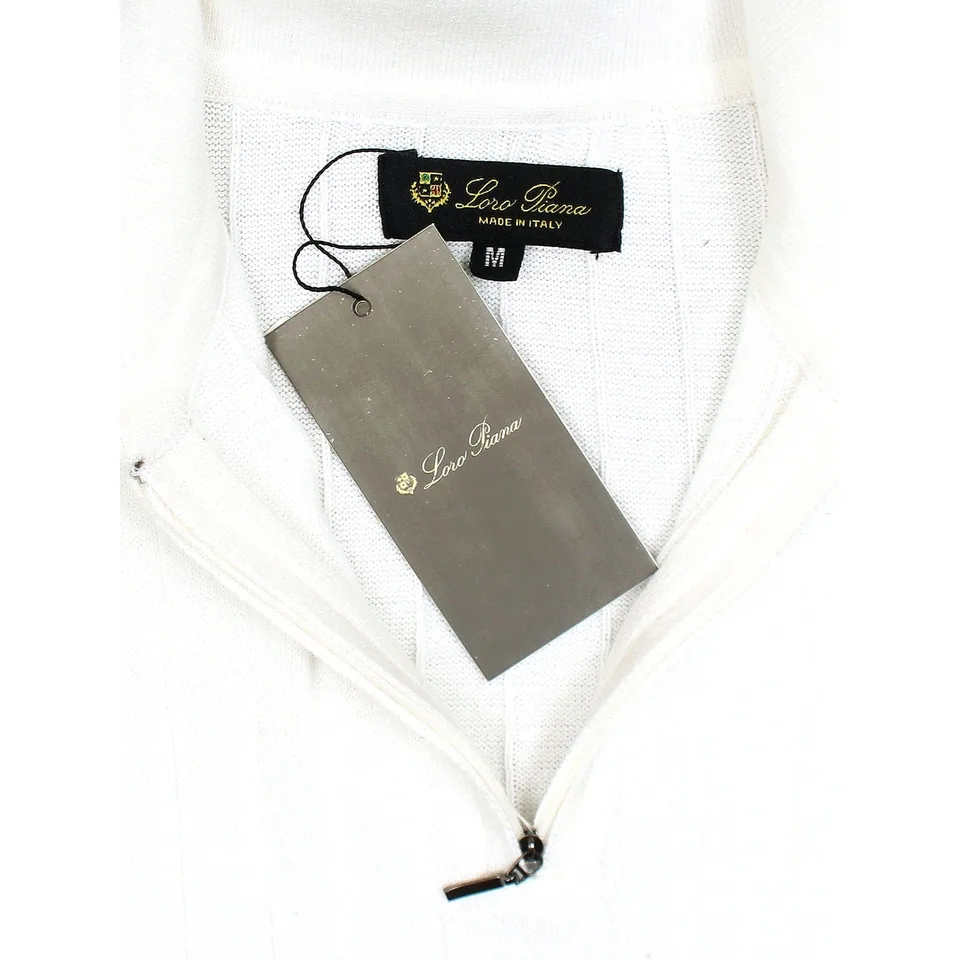 Loro Piana Ribbed Knit Zip Polo, White (2)