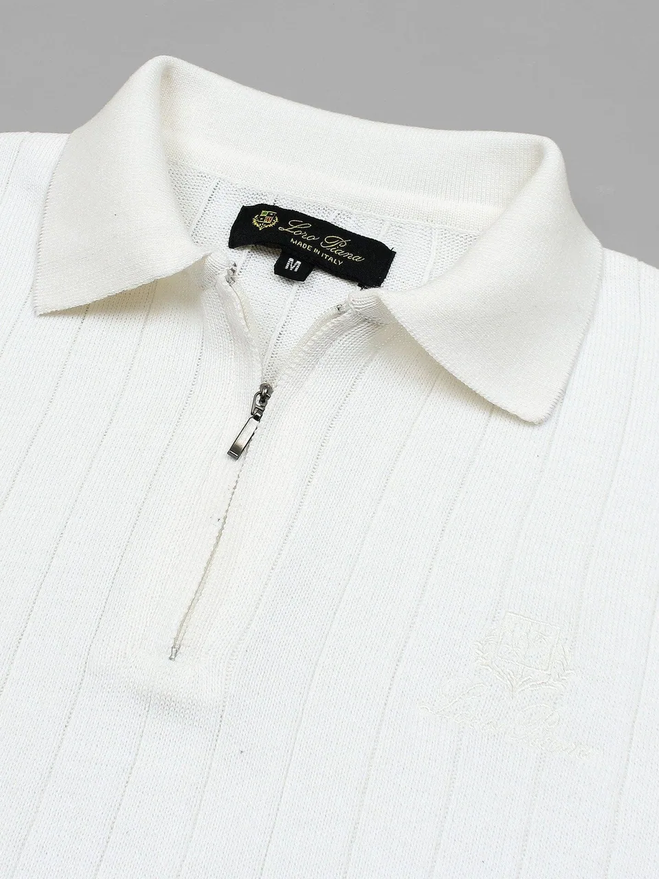 Loro Piana Ribbed Knit Zip Polo, White (3)