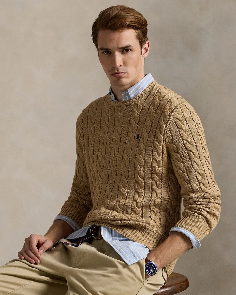 Ralph Lauren Cable-Knit Crewneck Sweater, Camel Melange (2)
