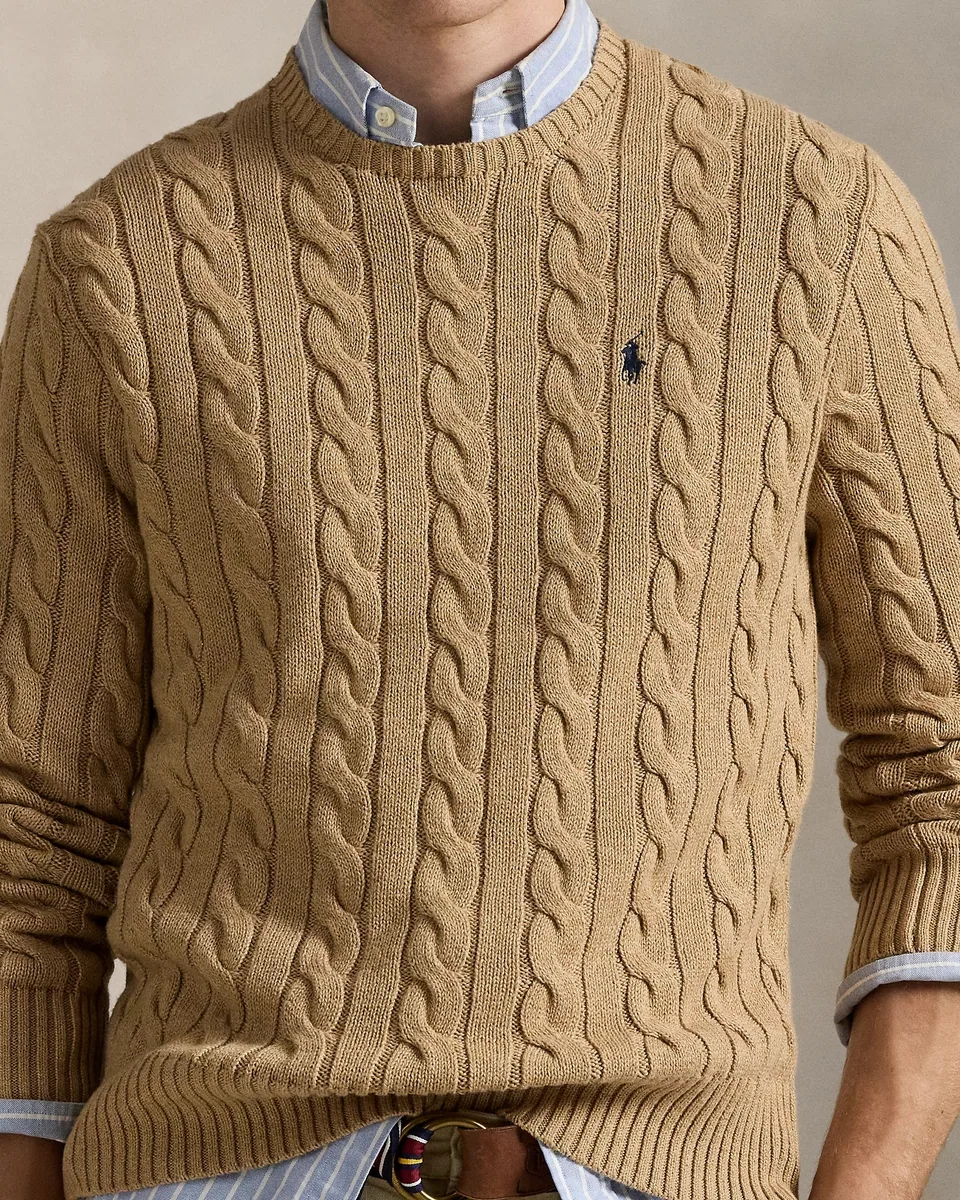 Ralph Lauren Cable-Knit Crewneck Sweater, Camel Melange (5)