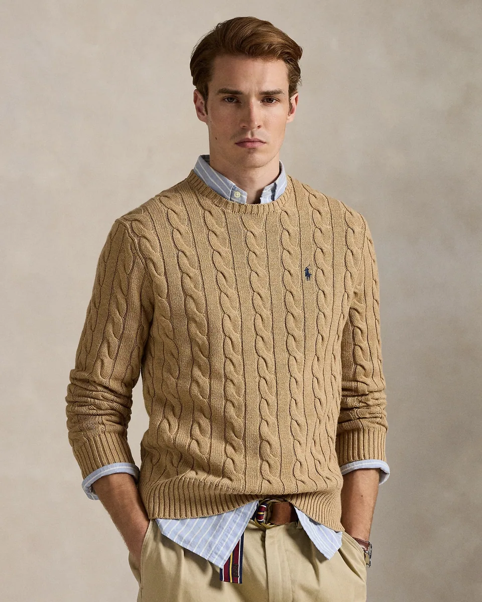 Ralph Lauren Cable-Knit Crewneck Sweater, Camel Melange (6)