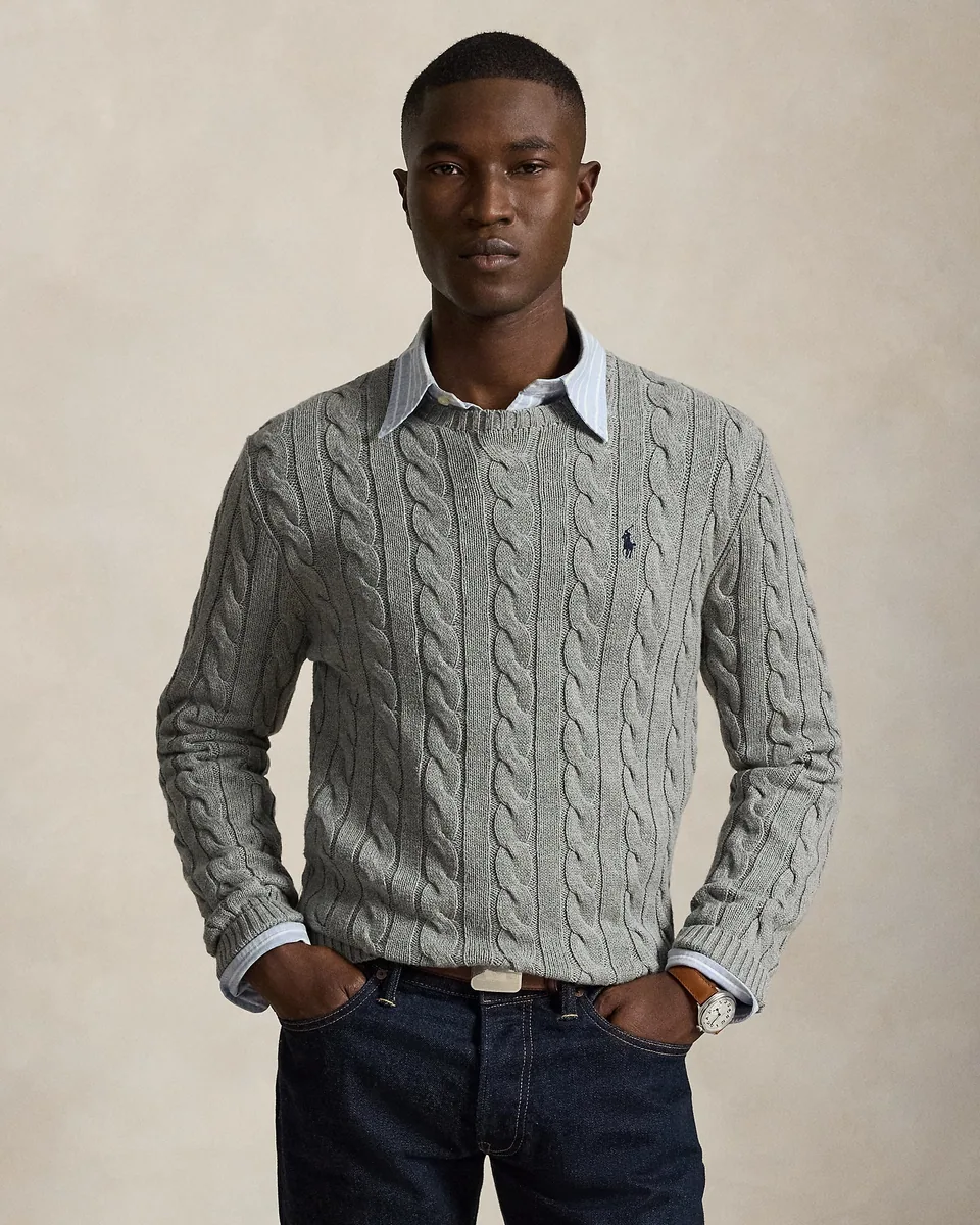 Ralph Lauren Cable-Knit Crewneck Sweater, Grey Heather (2)