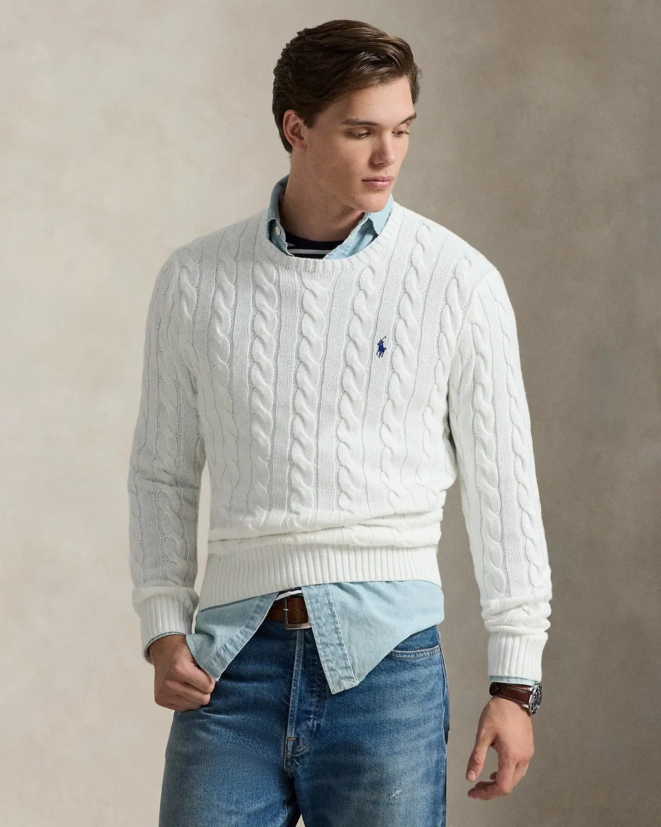 Ralph Lauren Cable-Knit Crewneck Sweater, White (2)