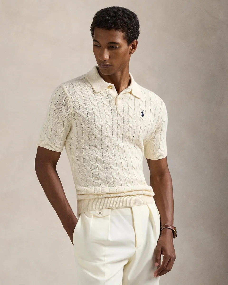 Ralph Lauren Cable-Knit Polo Sweater (Short Sleeve), Andover Cream (7)