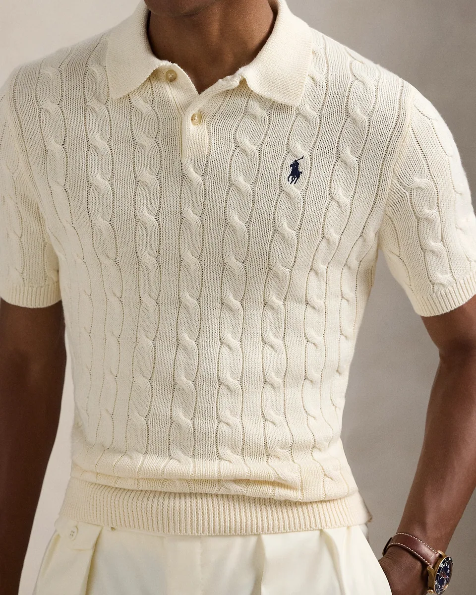 Ralph Lauren Cable-Knit Polo Sweater (Short Sleeve), Andover Cream (10)