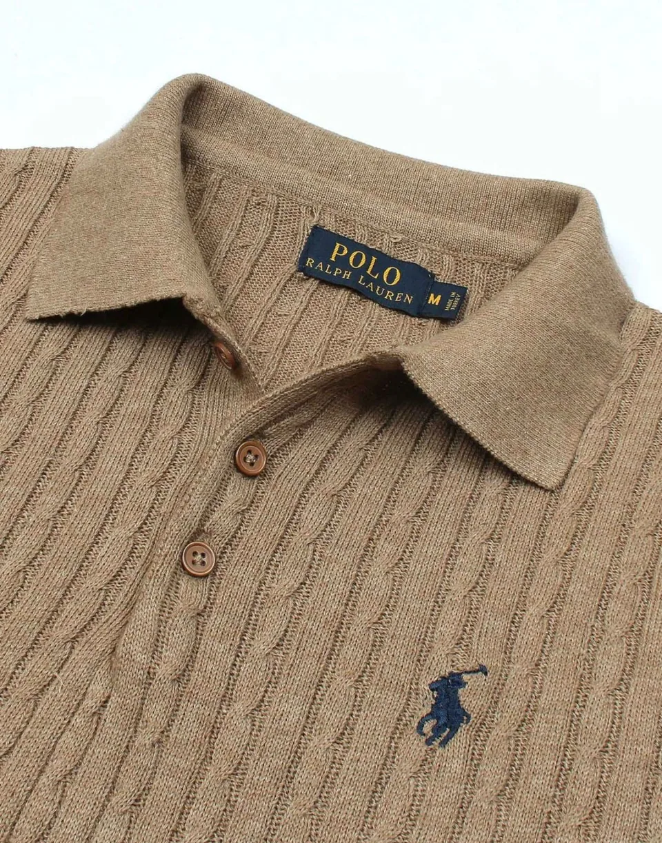 Ralph Lauren Cable-Knit Polo Sweater (Short Sleeve), Camel (5)