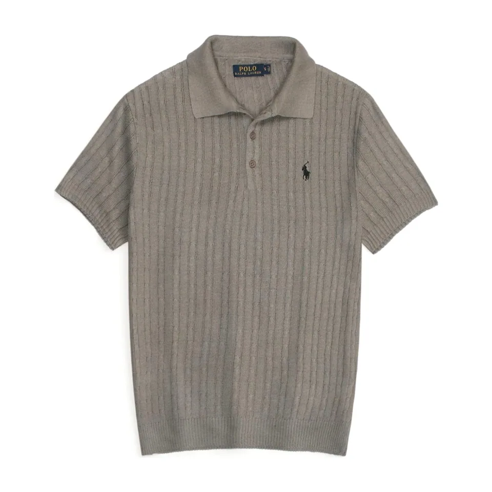 Ralph Lauren Cable-Knit Polo Sweater (Short Sleeve), Fawn Grey Heather (8)