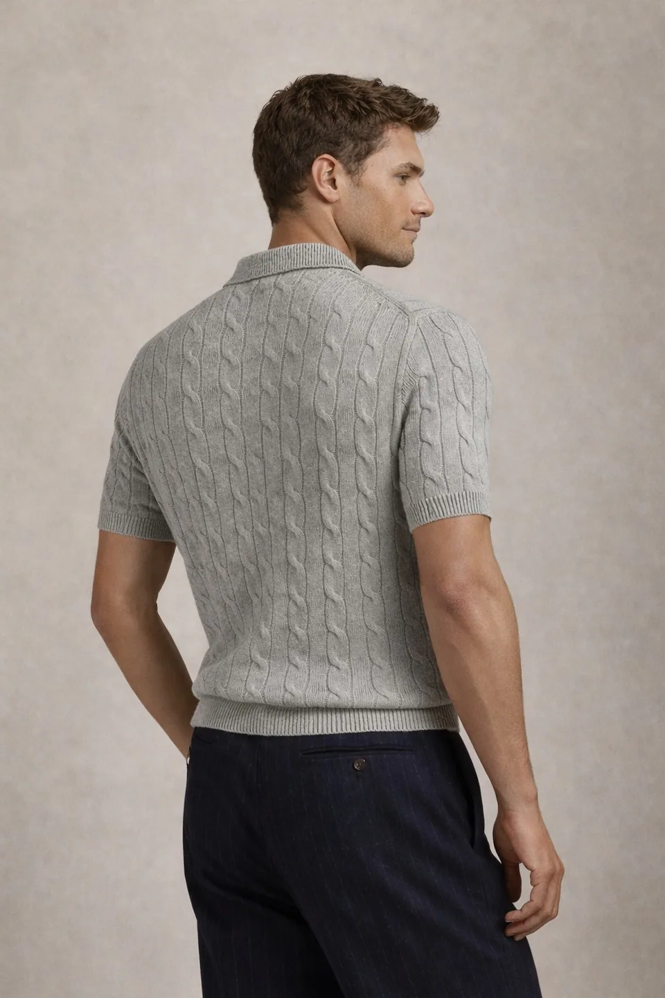 Ralph Lauren Cable-Knit Polo Sweater (Short Sleeve), Fawn Grey Heather (9)