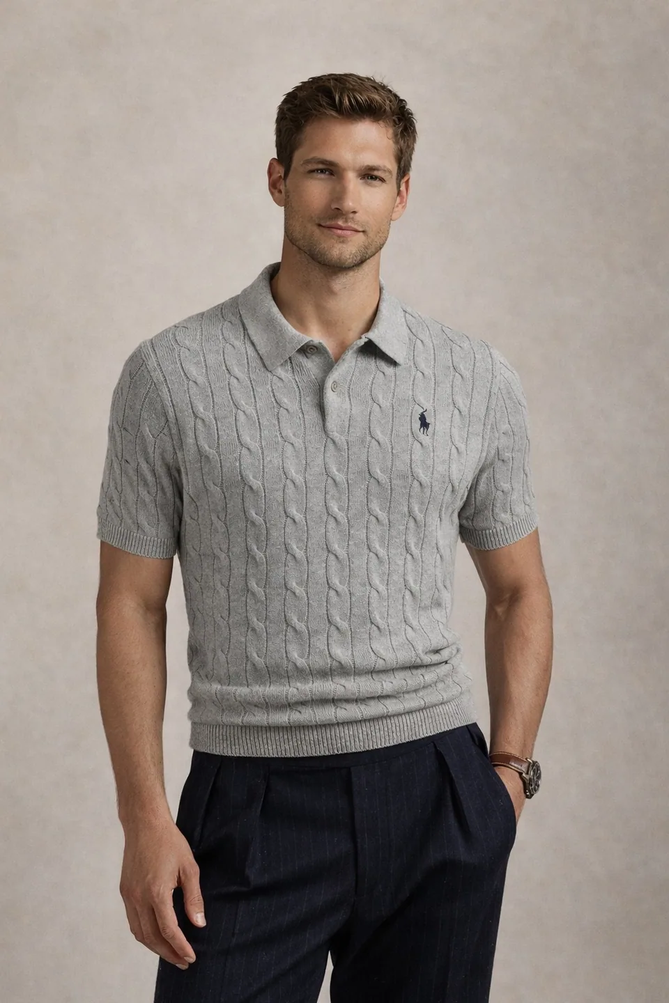 Ralph Lauren Cable-Knit Polo Sweater (Short Sleeve), Fawn Grey Heather (10)