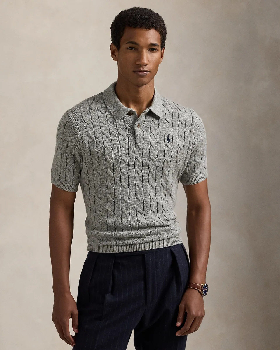 Ralph Lauren Cable-Knit Polo Sweater (Short Sleeve), Fawn Grey Heather (11)