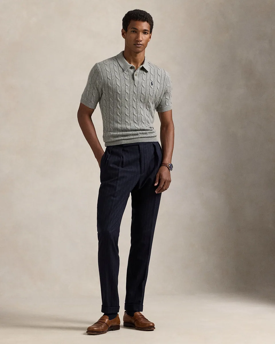 Ralph Lauren Cable-Knit Polo Sweater (Short Sleeve), Fawn Grey Heather (12)