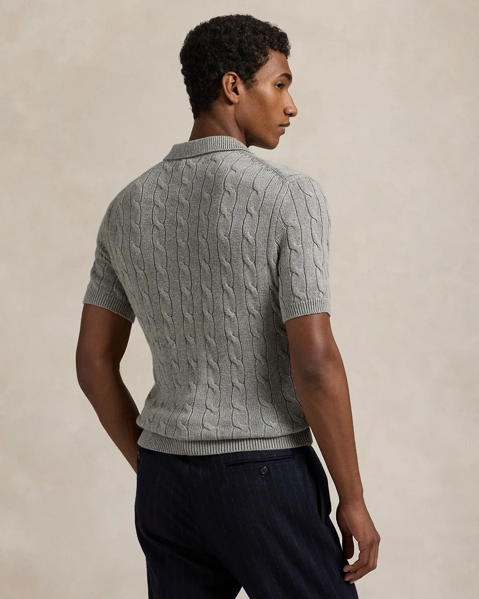 Ralph Lauren Cable-Knit Polo Sweater (Short Sleeve), Fawn Grey Heather (13)