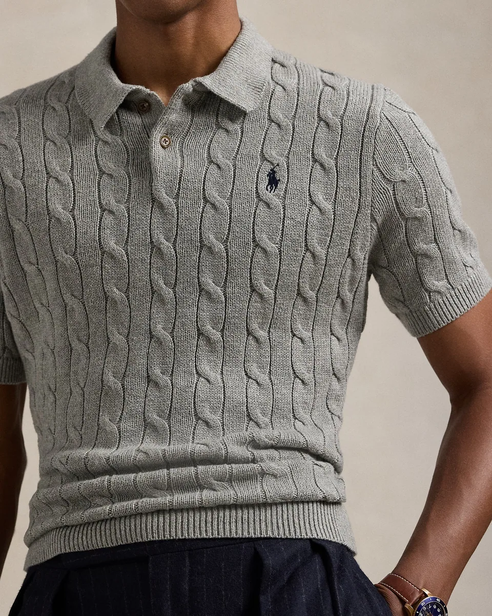 Ralph Lauren Cable-Knit Polo Sweater (Short Sleeve), Fawn Grey Heather (14)