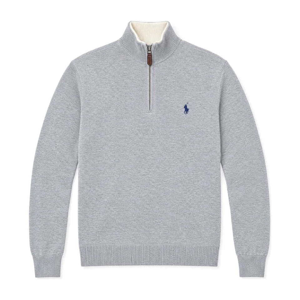Ralph Lauren Cotton Quarter-Zip (Contrast Collar), Light Grey Heather